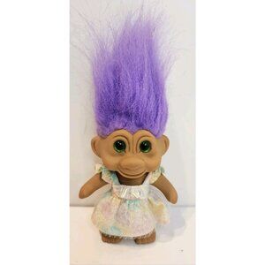 1991 TNT Troll Doll Purple Hair Blue Eyes Smiling Purple Hair Troll Doll W/Dress